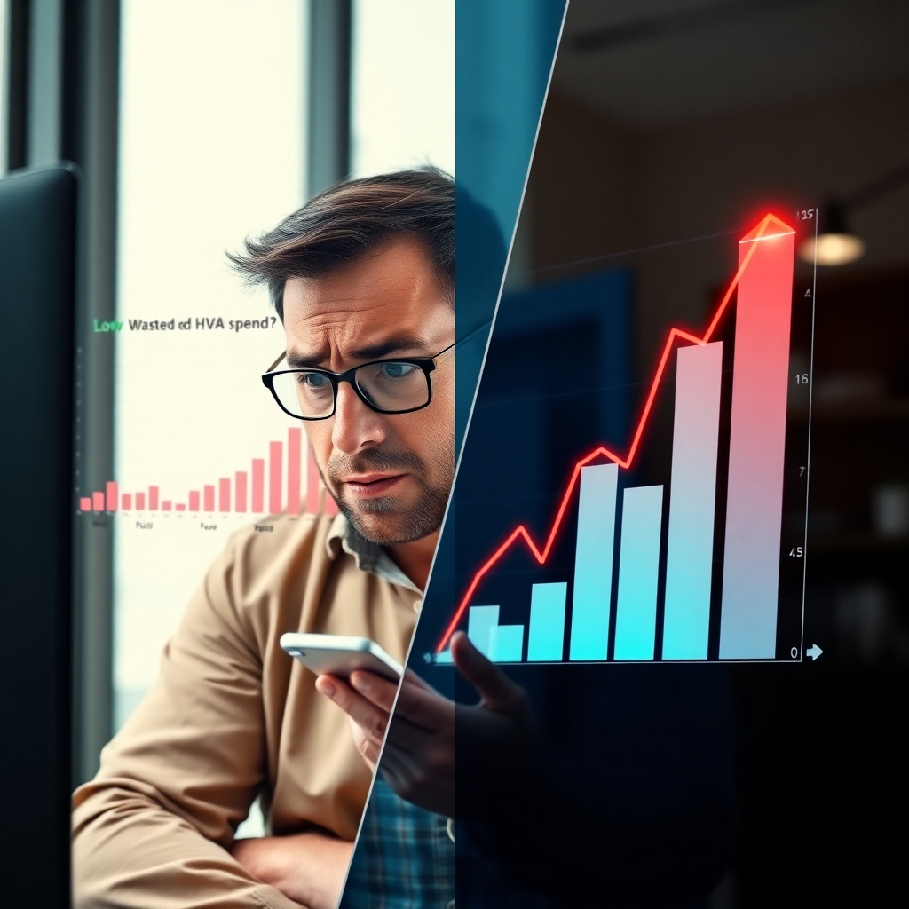 A split screen image: one side shows a frustrated businessman looking at a low sales chart representing wasted marketing spend; the other side depicts a successful HVAC business owner reviewing a soaring sales chart generated by targeted leads. Both sides should be photorealistic and clearly represent success versus failure.