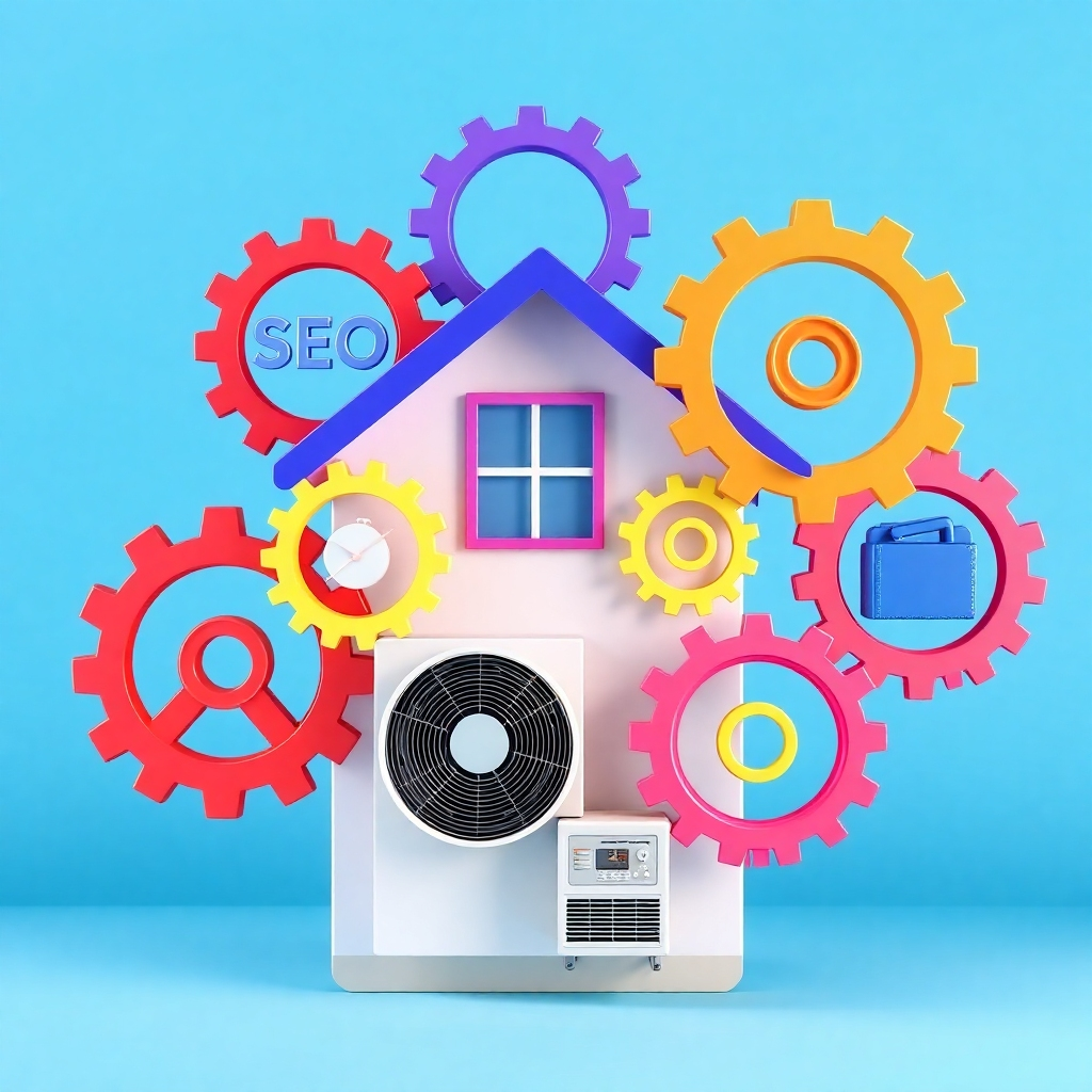 A stylized 4K image representing the concept of HVAC marketing. The image should feature interconnected gears, each representing a different aspect of marketing (e.g., SEO, social media, content creation). These gears are brightly colored and intricately designed, all meshing together to power a stylized home with a perfectly maintained HVAC unit. The background is a clean, professional blue gradient. The lighting is soft and even, highlighting the interconnectedness of the gears. Camera angle: a straight-on, medium shot. Style reference: Modern technology infographics. The texture should be smooth and polished, giving a sense of professionalism and efficiency.