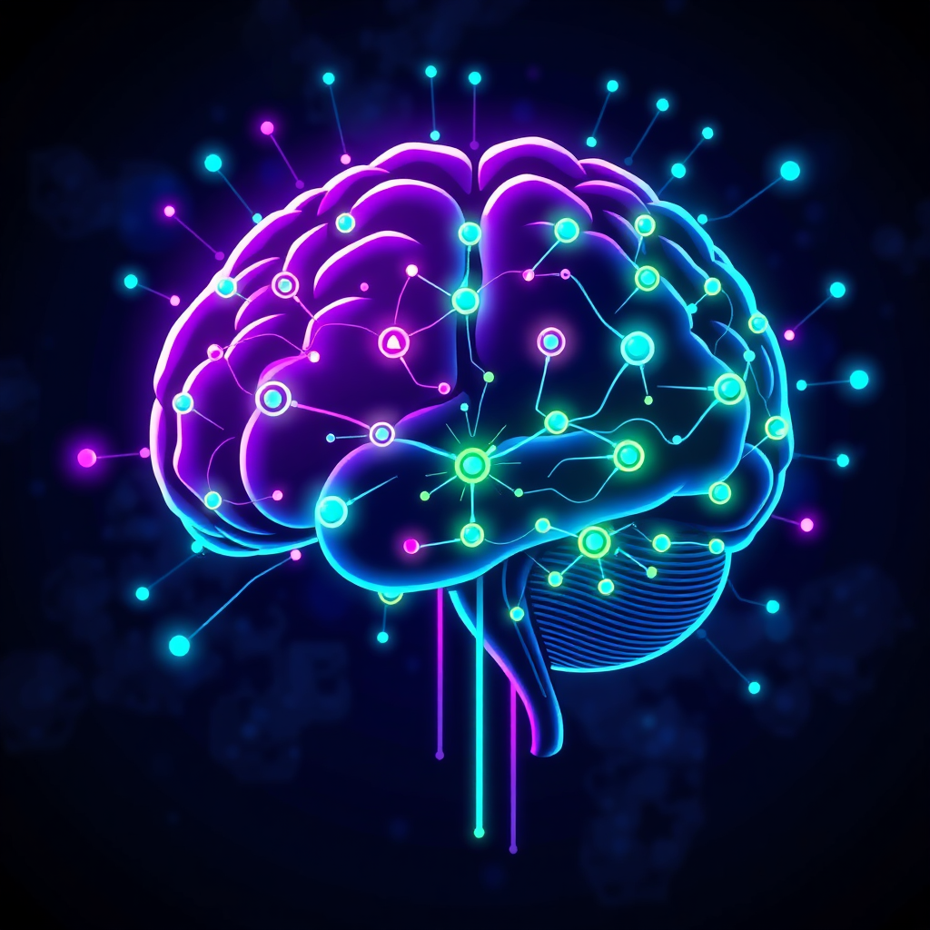 A stylized brain composed of interconnected nodes and data streams, representing the power of AI in marketing. The color palette should be vibrant and futuristic, with neon blues, purples, and greens. The background is a dark, abstract space. The style should be high-tech and innovative.