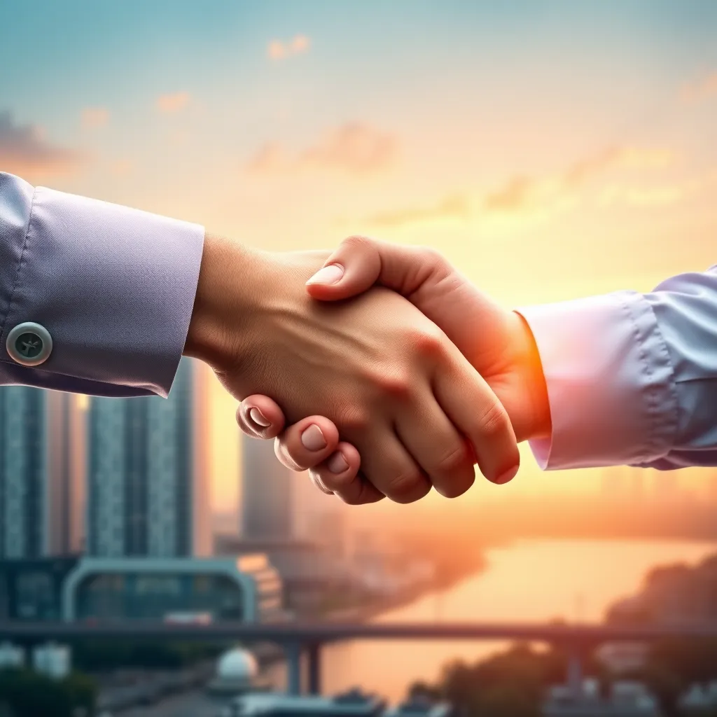 A stylized image of two hands shaking, symbolizing a partnership agreement. The background could be a cityscape with two buildings connected by a bridge, representing the integration of businesses. Use a warm color palette and a positive, confident vibe.