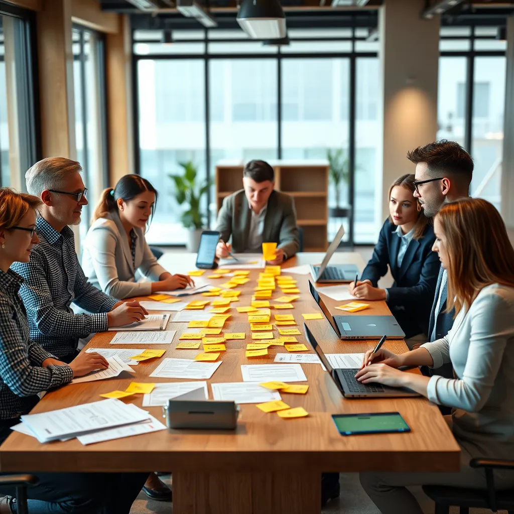 A team of business professionals gathered around a table, discussing a product roadmap with sticky notes representing different features and improvements. The table should be cluttered with papers and laptops, reflecting the collaborative and dynamic nature of the optimization process. The background should be a warm and inviting office space with natural light.
