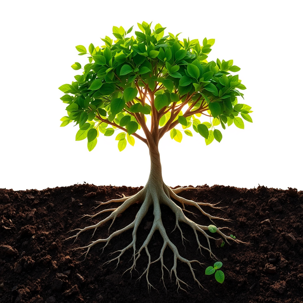 A tree growing strong roots in fertile soil, symbolizing organic growth. The sunlight shines brightly on the tree, representing positive energy and vitality. The style should be natural, sustainable, and organic.