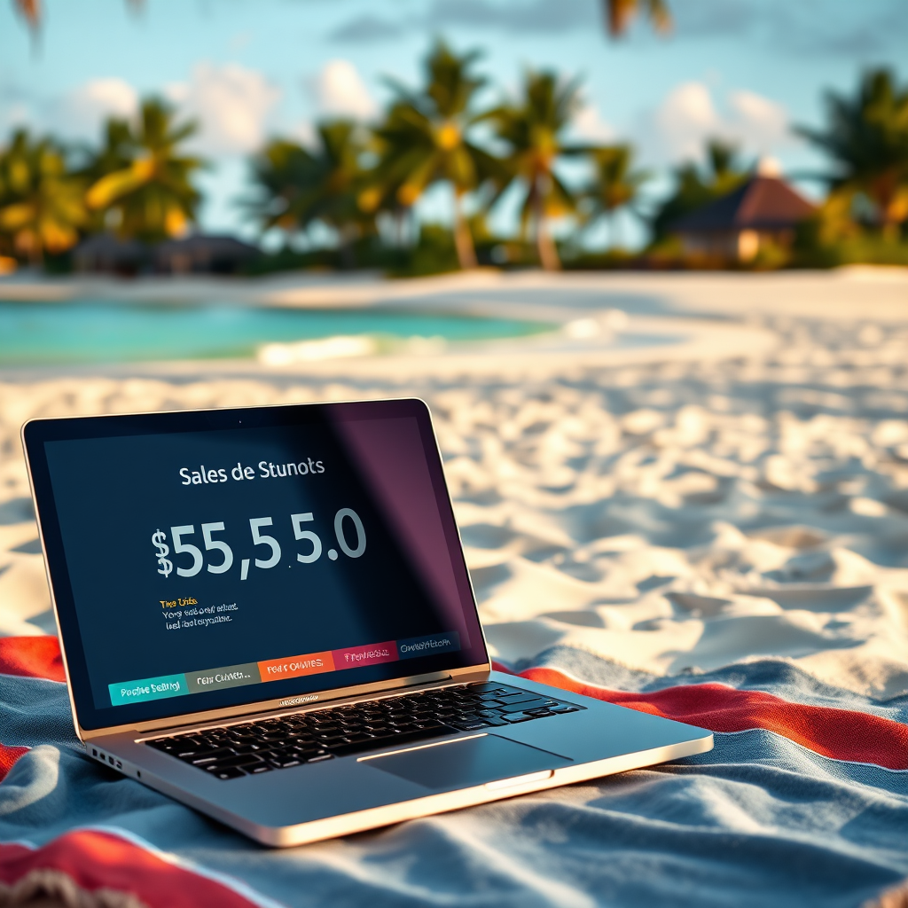 A tropical beach scene with a laptop resting on a beach towel. The laptop screen displays positive sales figures and customer testimonials. The lighting is warm and inviting, with a focus on the turquoise water and white sand. The style should be aspirational and luxurious.