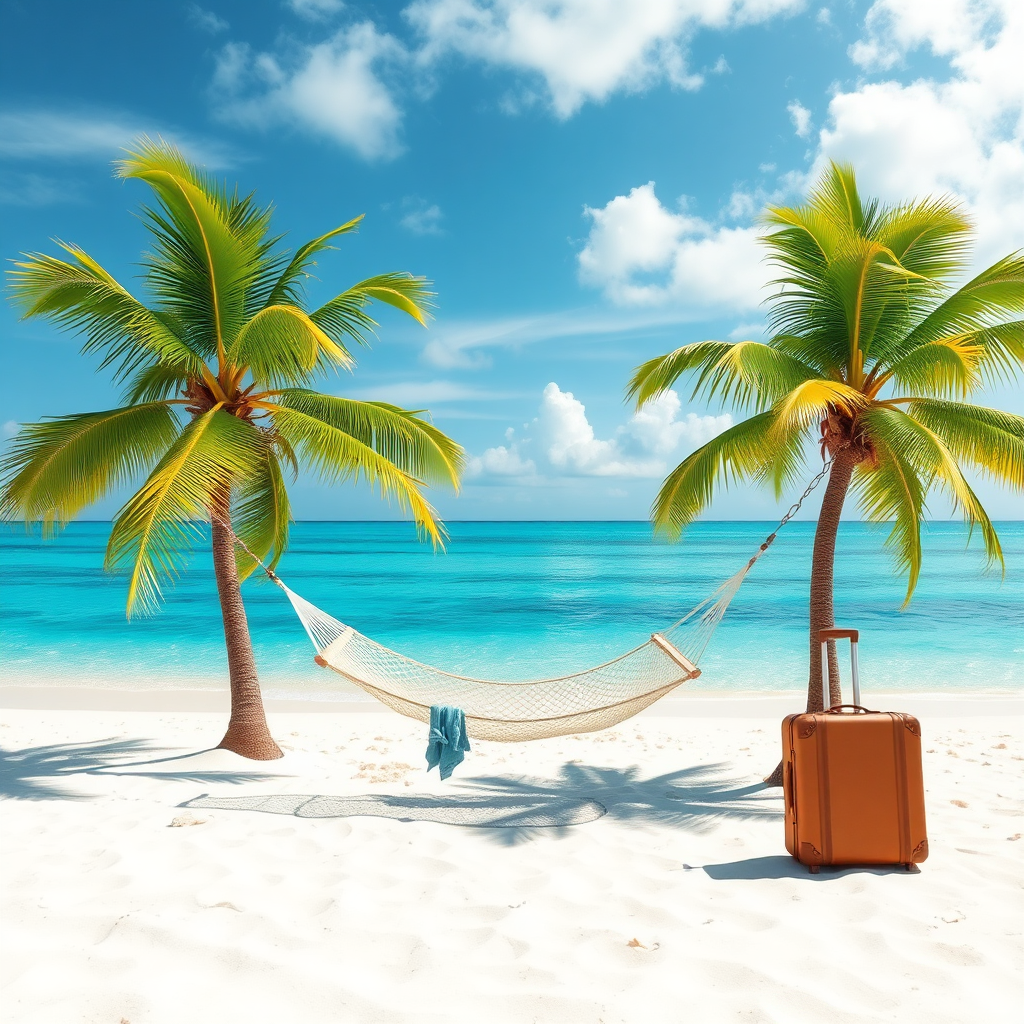 A tropical beach scene with crystal-clear water and white sand. A hammock sways gently between two palm trees, and a suitcase sits nearby. Emphasize the feeling of relaxation and escape. The color palette should be vibrant and inviting, using blues, greens, and yellows. Style reference: Travel and leisure advertising. Technical specs: 4K resolution, photorealistic.