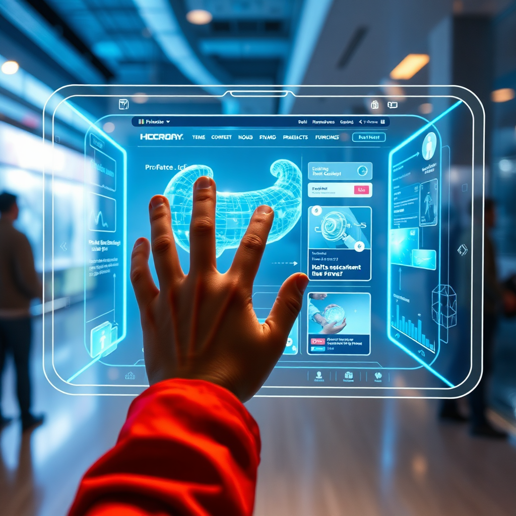A user interacting with a holographic website interface. The website features 3D models, interactive elements, and personalized content. The style should be futuristic, immersive, and user-friendly.