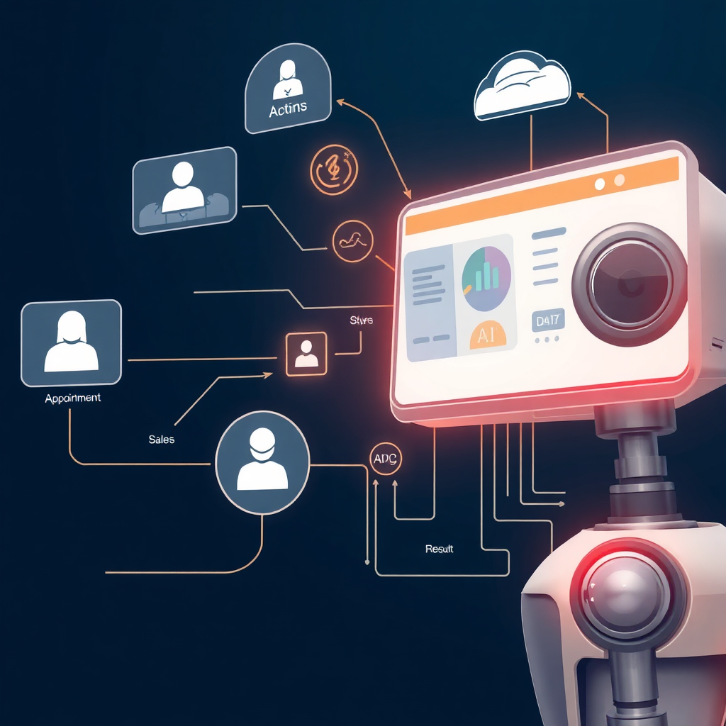 A visual representation of an AI bot processing appointments and sales leads in an automated system. Data flows seamlessly. The style should be efficient, automated, and results-driven.