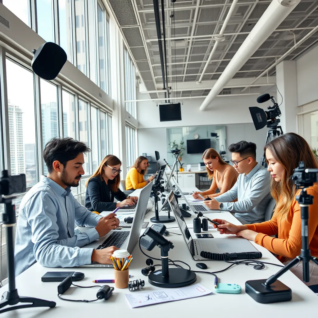A wide-angle shot of a modern office space, with a group of people working on laptops and smartphones. The space is bright and airy, with large windows showcasing a cityscape view.  The people are diverse in age and background, representing the target audience. They are focused on creating content, writing, editing, and collaborating. The lighting is natural and diffused, creating a relaxed and productive atmosphere.  The image should have a vibrant color palette, emphasizing the energy and dynamism of the work environment. The background should showcase a variety of tools and technology used in content creation, such as cameras, microphones, and editing software. The image should be rendered in 8K resolution, with a hyperrealistic style that emphasizes the textures and details of the office environment.