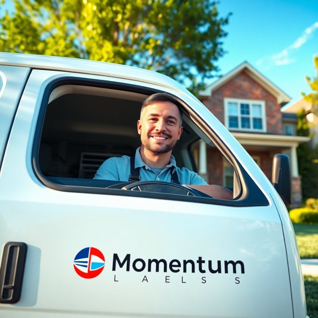 An 8K resolution, hyperrealistic image depicting a technician in a pristine white HVAC service van, smiling confidently at the camera. Soft, diffused sunlight illuminates the scene, casting a warm, inviting glow. The van is parked in front of a modern, upscale suburban home.  The color palette is clean and professional, with the van featuring the 'HVAC Momentum Leads' logo prominently displayed. The background includes lush green landscaping and a clear blue sky. The scene is rendered in the style of a high-end commercial advertisement, emphasizing the professionalism and trustworthiness of the service.  The camera angle is eye-level, creating a direct connection with the viewer.  Texture details should include the smooth paint of the van, the slightly rough texture of the brick home, and the fine details of the leaves on the trees. Props include a neatly organized toolkit visible in the van's interior and professional-looking business cards on the dashboard. Environmental elements include well-maintained landscaping and a clean, affluent neighborhood. The overall mood is positive, optimistic, and trustworthy, conveying the success and reliability of HVAC Momentum Leads.