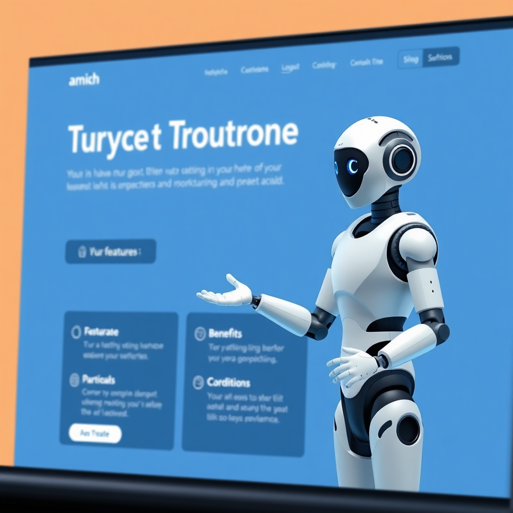 An AI avatar bot guiding a user through a website, highlighting key features and benefits. The interface is clean and intuitive. The style should be interactive, engaging, and personalized.