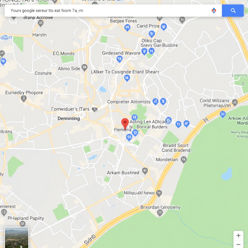 Create a photorealistic image representing a thriving local business, discoverable on Google Maps. The scene should depict a bustling café with customers enjoying coffee, with a Google Maps pin icon hovering above the entrance. The lighting should be warm and inviting, with a focus on capturing the atmosphere of the business. The style should be realistic and inviting.