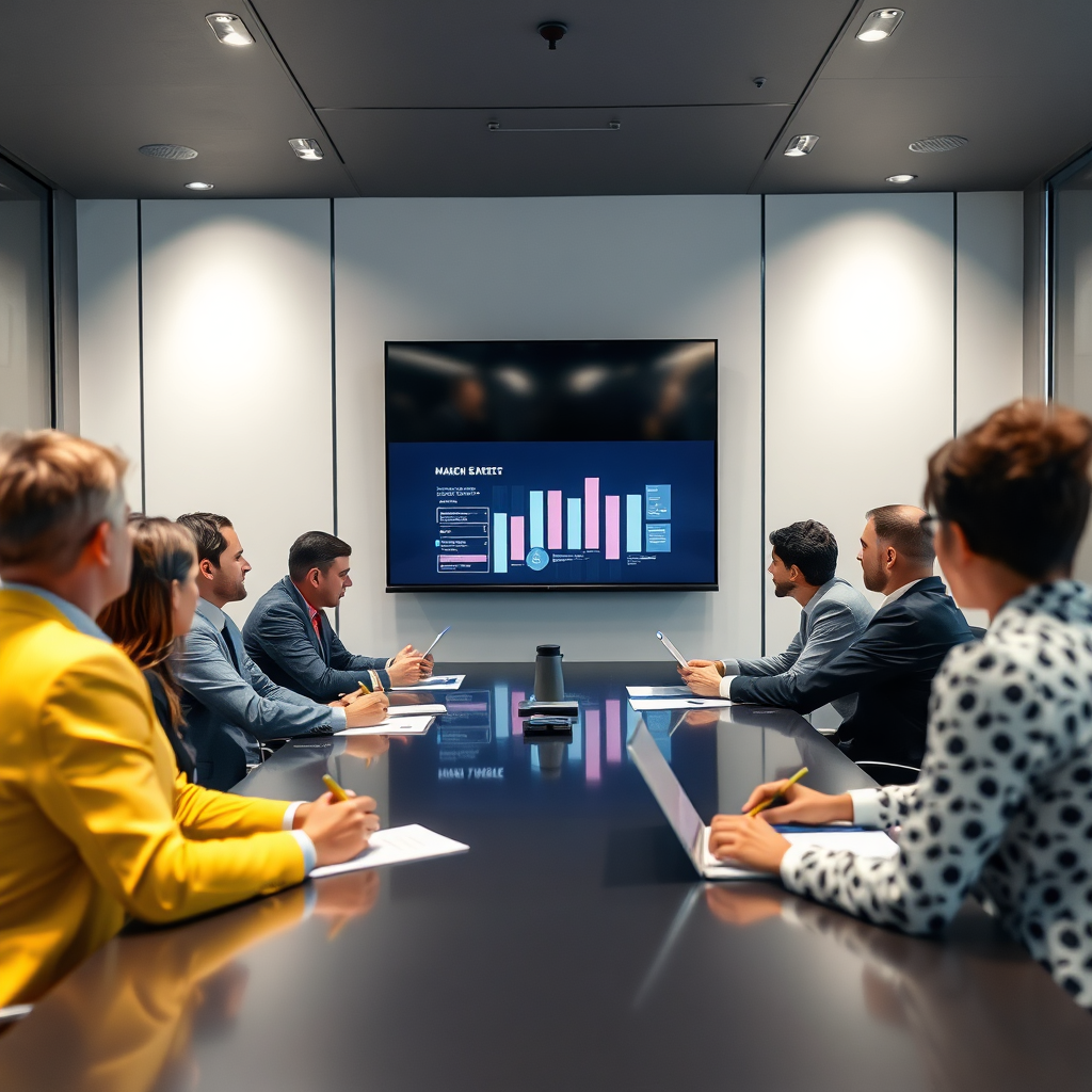 Create a 4K, high-quality image representing the core values of Harned Marketing: innovation, collaboration, and results. The image should feature a diverse team of professionals working collaboratively in a modern, sunlit office space. The focal point could be a large interactive screen displaying data visualizations and website performance metrics, symbolizing the data-driven approach. Include elements like a whiteboard with strategic planning notes, designers working on website mockups, and analysts reviewing campaign performance. The lighting should be bright and optimistic. The color palette should consist of vibrant blues, greens, and oranges to represent growth and creativity. Camera angle should be eye-level, creating a sense of approachability and trust. The overall style should be modern and professional, with a hint of startup culture vibe.