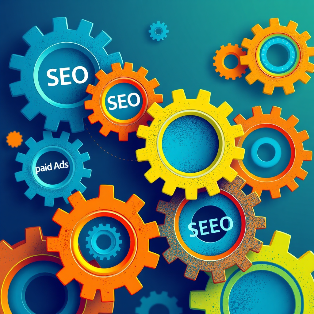 Create a visually appealing image representing the integration of various digital marketing channels. The scene should depict interconnected gears, each representing a different marketing channel – SEO, paid ads, website design – working together seamlessly. The color palette should be harmonious, with blues, greens, and oranges blending together. The style should be modern and abstract.