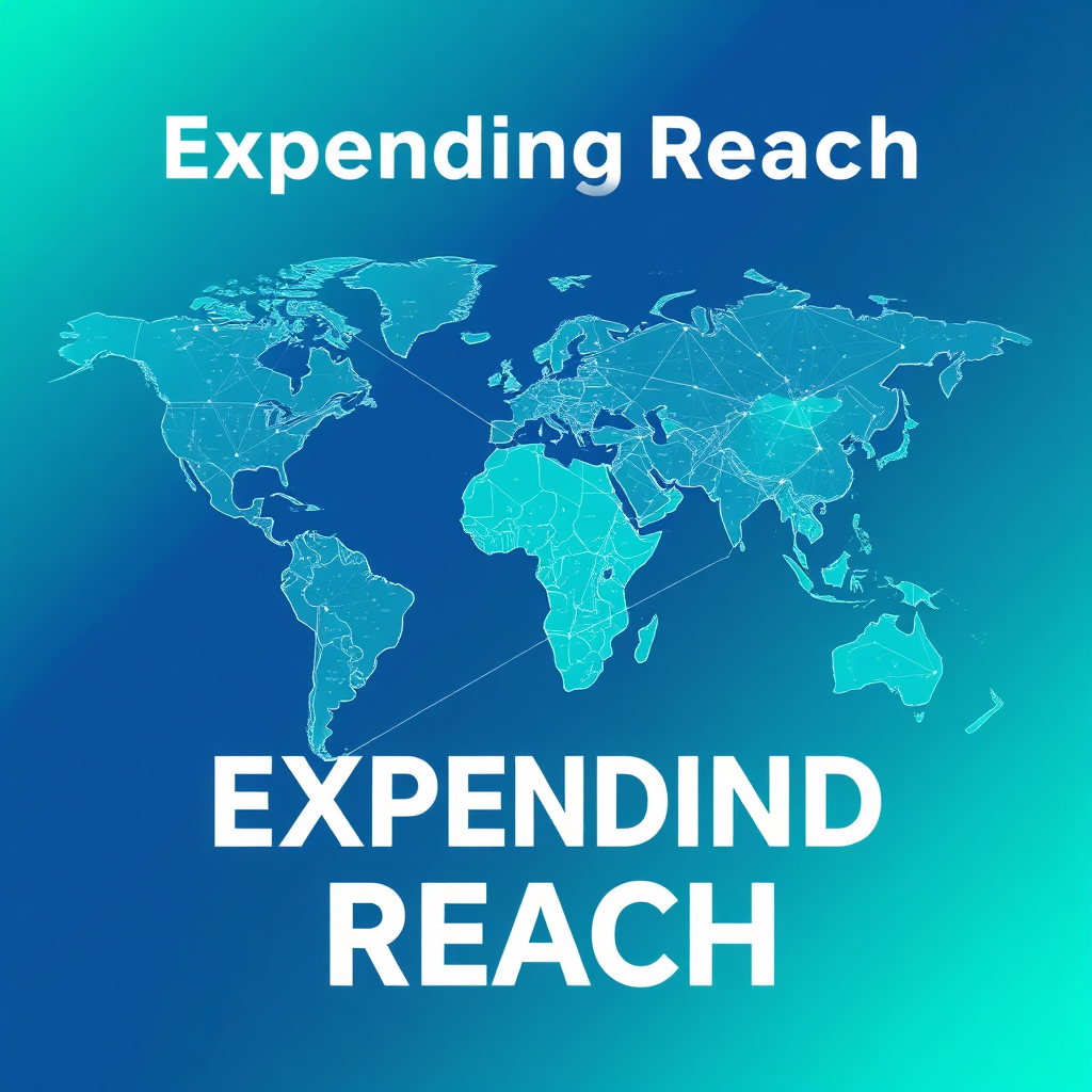 Create a visually compelling image representing expanding reach. The scene should depict a map of the world with interconnected nodes and lines, symbolizing global connectivity. The color palette should be vibrant and global, with blues and greens dominating. The style should be modern and abstract.