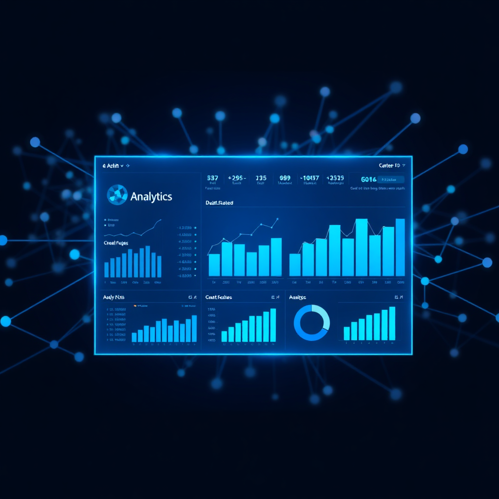Create an image depicting data analytics in action. The scene should feature a digital dashboard displaying charts, graphs, and key performance indicators (KPIs). The background should be a network of interconnected data points. The color palette should be cool and professional, with blues and grays dominating. The style should be modern and technical.