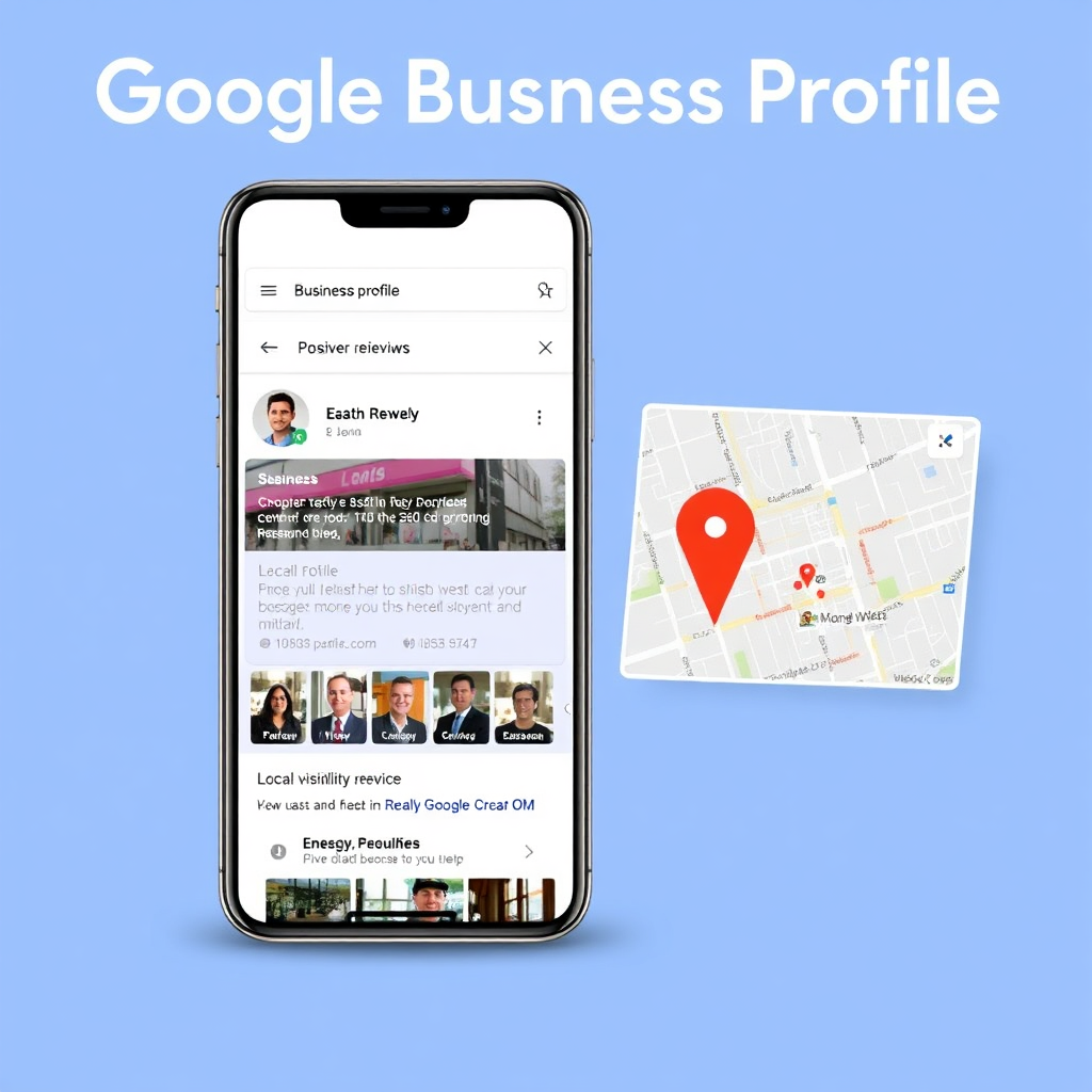 Create an image representing a Google Business Profile listing. Showcase a mobile phone displaying a business profile with positive reviews, photos, and contact information. Include a map snippet in the background to emphasize local visibility. Use a modern and user-friendly design.