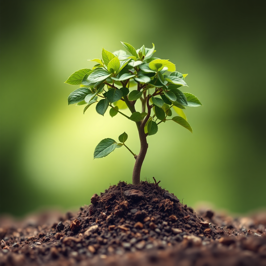 Create an image representing business growth. The scene should depict a plant growing from a seed into a flourishing tree, symbolizing organic growth and success. The color palette should be natural and vibrant, with greens and browns dominating. The style should be realistic and inspiring.