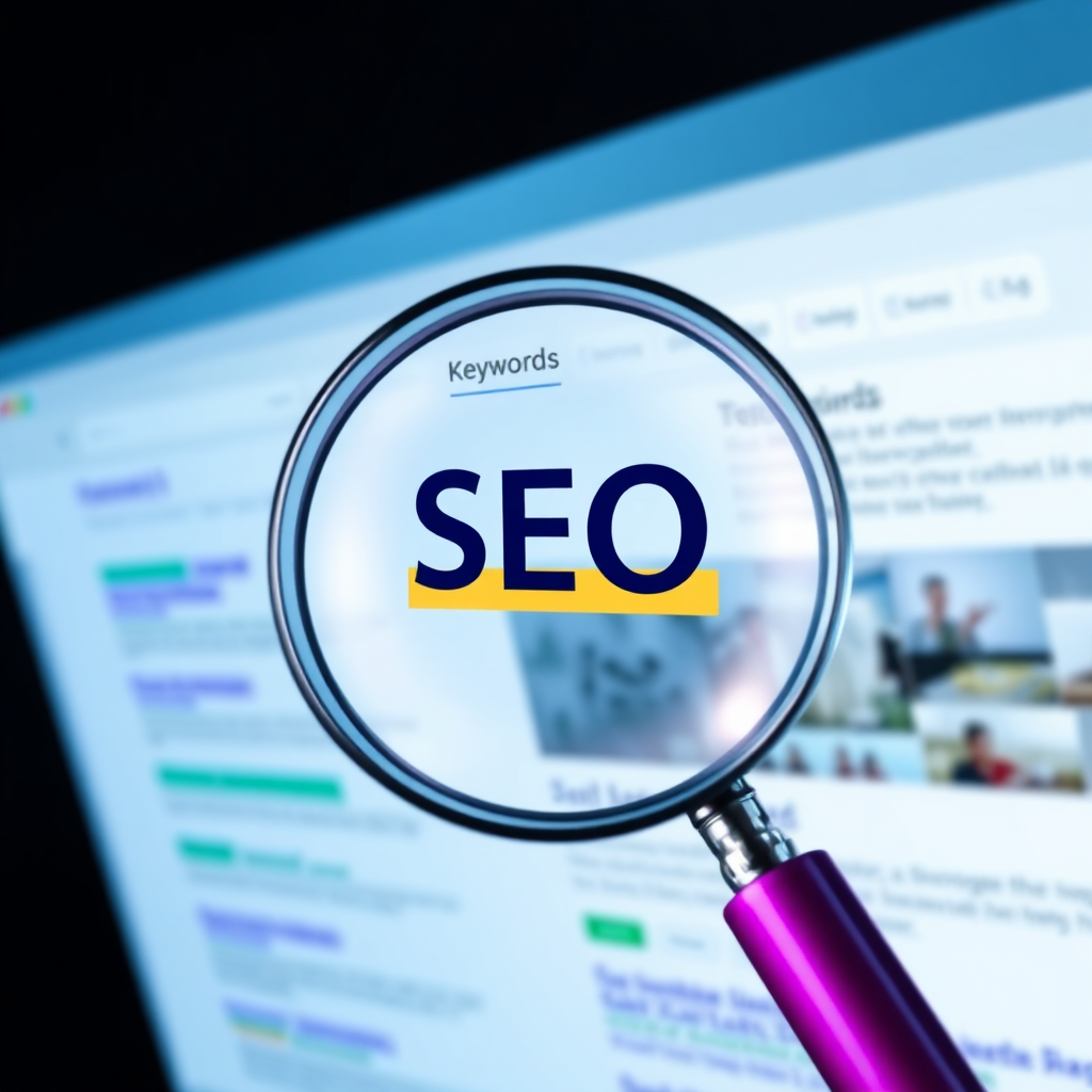 Create an image representing SEO optimization. Depict a magnifying glass hovering over a website, highlighting key elements like keywords and meta descriptions. The background should feature search engine results pages. Use a clean and modern style with vibrant colors.