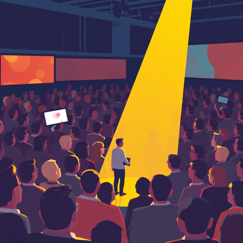 Create an image representing targeted advertising. The scene should depict a spotlight shining on a specific individual within a crowd, symbolizing reaching the right audience. The color palette should be vibrant and attention-grabbing. The style should be modern and dynamic.