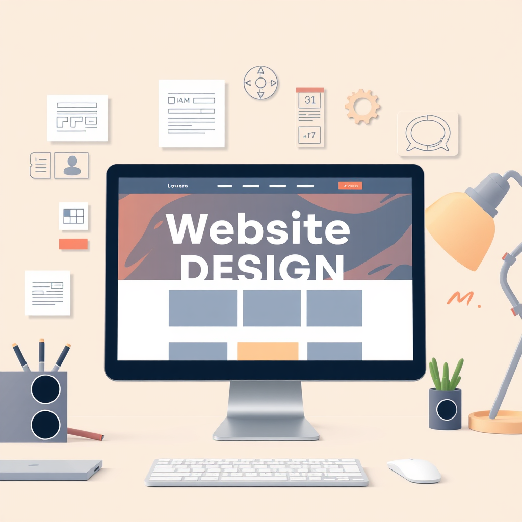 Create an image representing website design. Depict a computer screen displaying a modern and responsive website design. Include elements like wireframes, design tools, and user interface mockups in the background. Use a creative and innovative style.