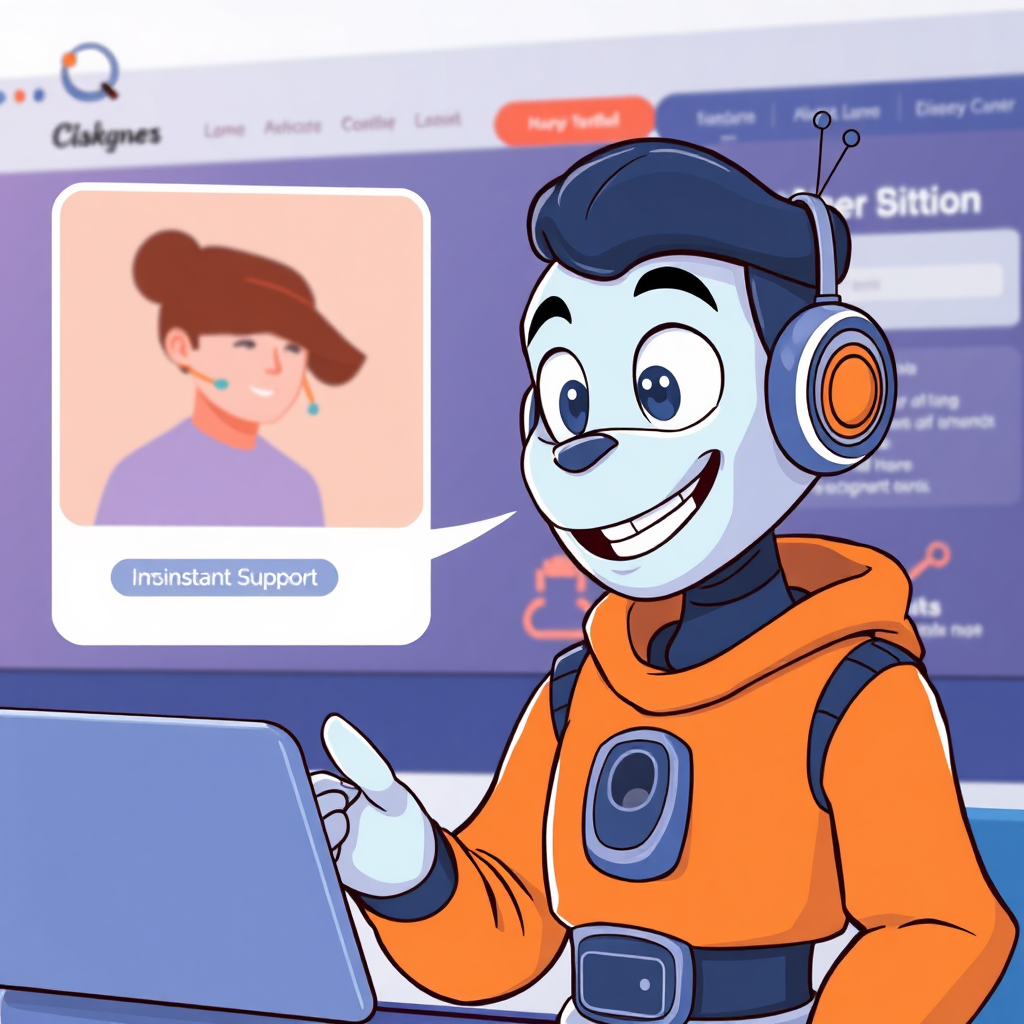 A friendly AI avatar bot interacting with a website visitor in a chat window. The bot is helpful and professional, providing instant support. The background is a modern website design. The style should be approachable and tech-forward.