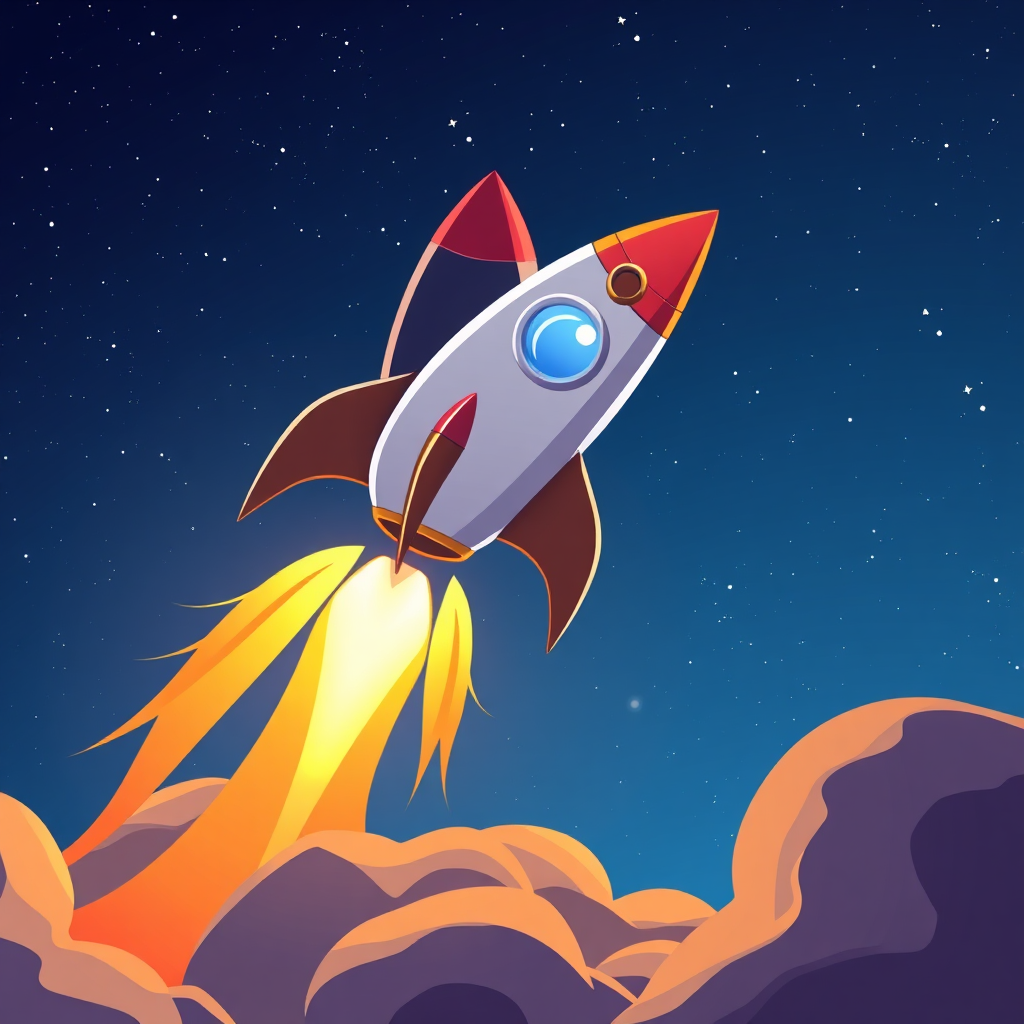 Visualize a rocket ship launching into space, symbolizing a website's SEO performance skyrocketing. The rocket is sleek and modern, with bright flames propelling it upwards. The background is a starry night sky. The style should be aspirational and results-oriented.