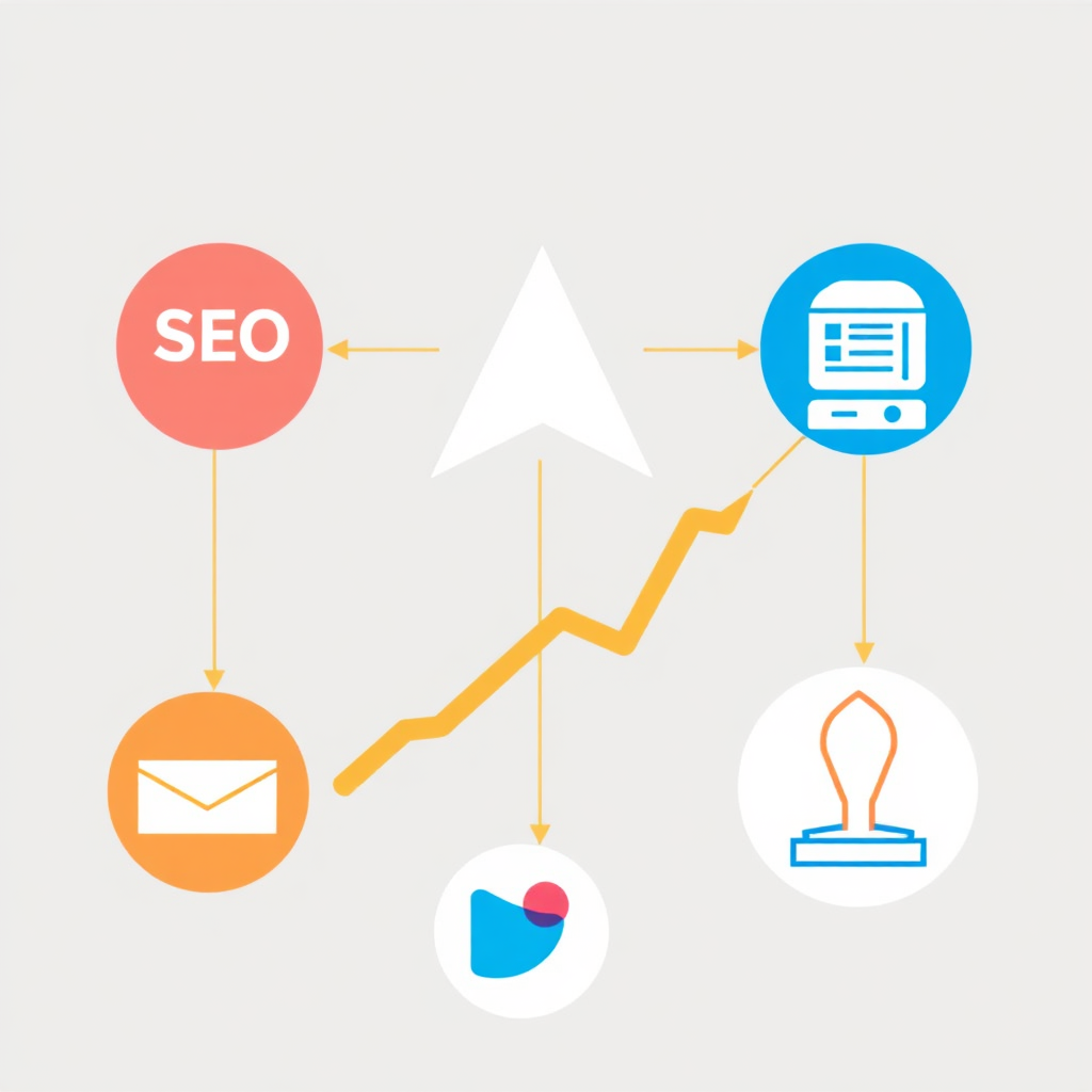 Visualize a connected network of icons representing SEO, AI, Social Media, and Travel Incentives, all feeding into a central growth arrow pointing upwards. The icons should be modern and stylized, with vibrant colors. The background is a clean, minimalist design. The style should be tech-forward and optimistic.