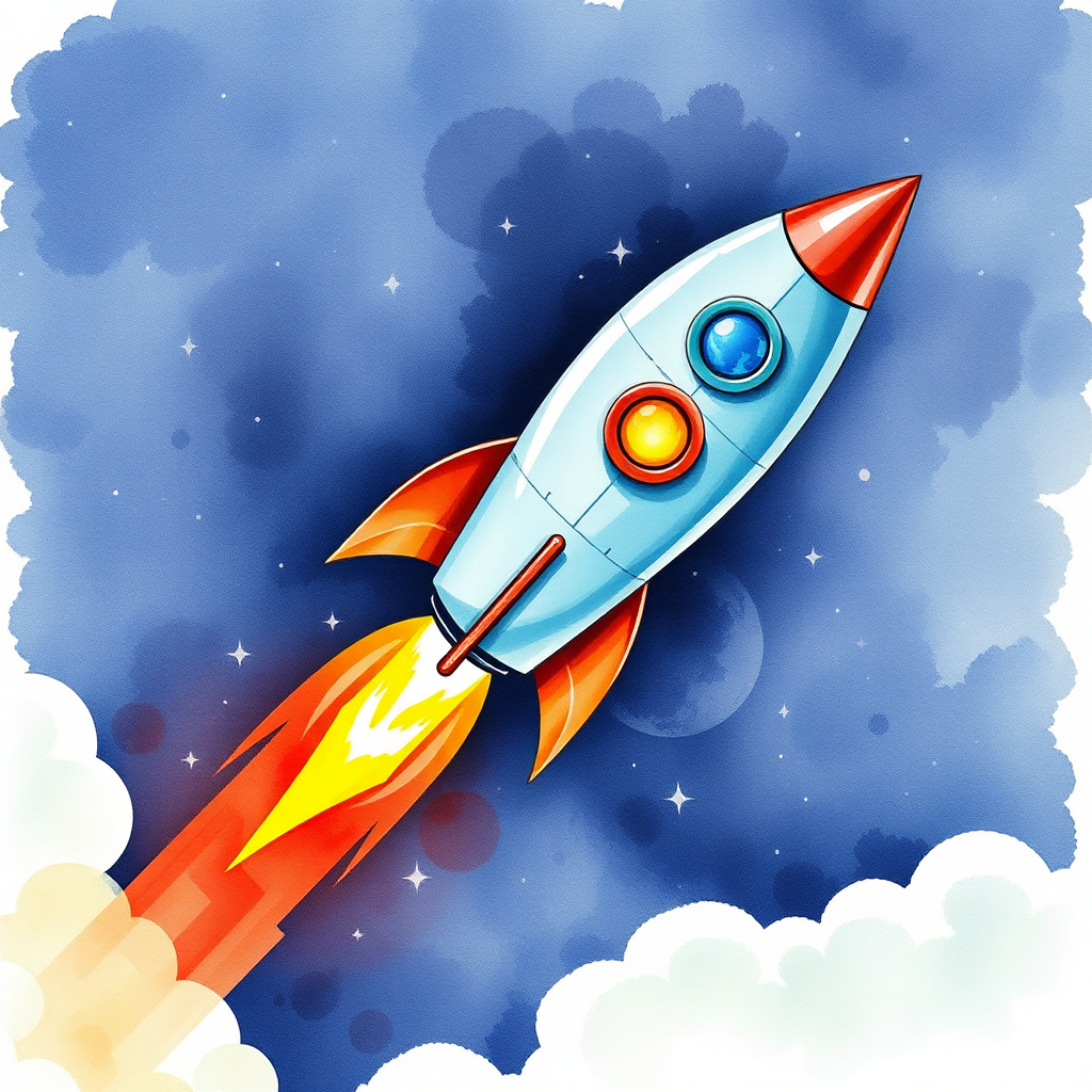 Visualize a rocket ship launching into space, symbolizing a website's SEO performance skyrocketing. The rocket is sleek and modern, with bright flames propelling it upwards. The background is a starry night sky. The style should be aspirational and results-oriented.