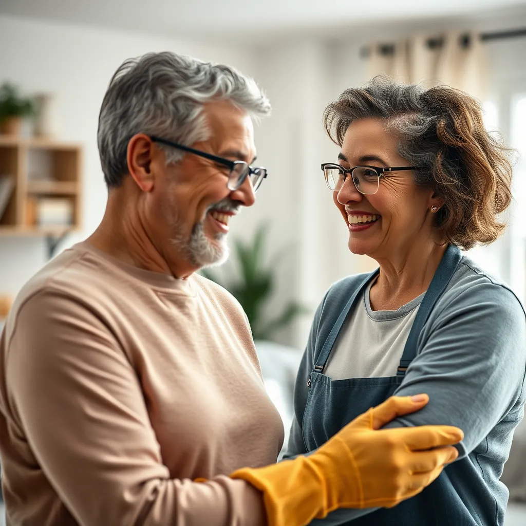 A close-up image of a happy NDIS client interacting with a friendly cleaning service provider. The background should feature a clean and comfortable home environment, emphasizing the positive impact of our services on the client's daily life. Focus on detail, showing the meticulousness of the cleaning.