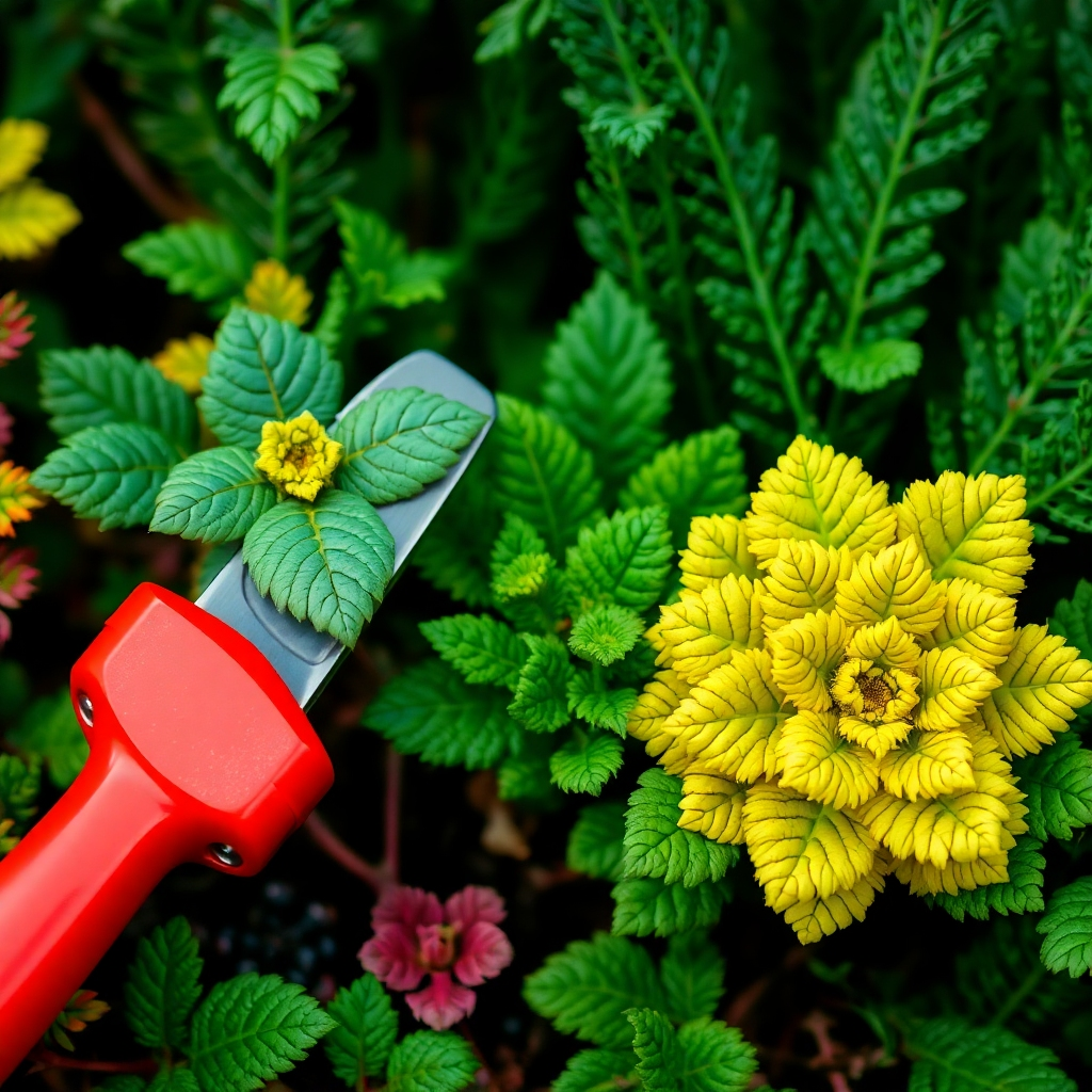 A close-up photorealistic image of healthy and vibrant plants, carefully pruned and cared for, symbolizing garden maintenance.