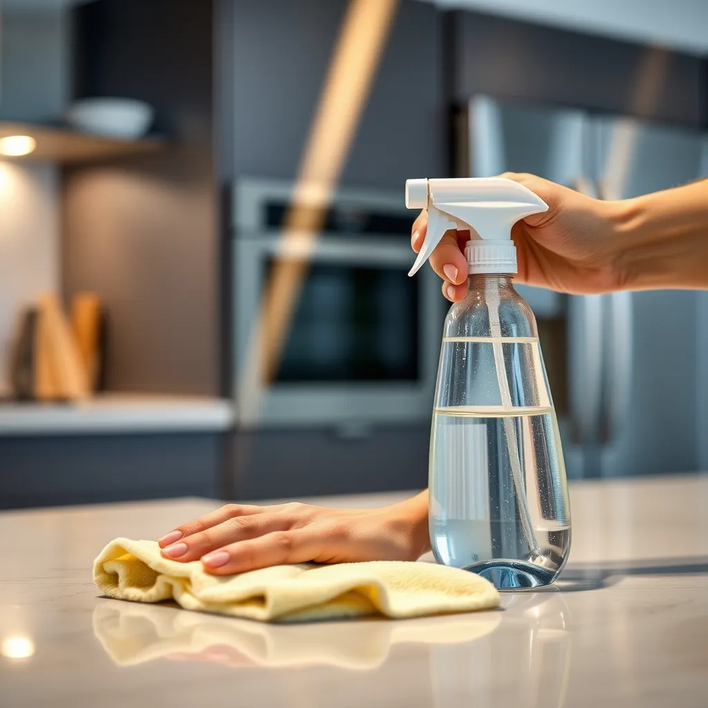 A close-up shot of a cleaning professional's hands using a microfiber cloth and a spray bottle filled with a clear liquid to clean a countertop in a kitchen. The background is a modern kitchen with stainless steel appliances, showcasing a clean and hygienic environment.