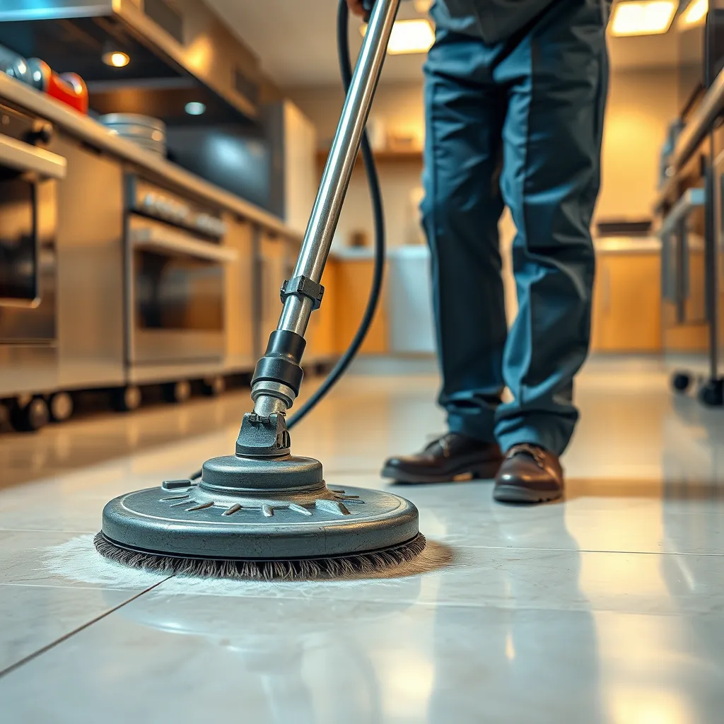 A close-up shot of a professional cleaner using a specialized cleaning machine to deep clean a tiled floor. The machine is powerful and efficient, and the cleaner is wearing protective gear. The tiles are visibly cleaner after the cleaning process. The background shows a brightly lit commercial kitchen with modern appliances.