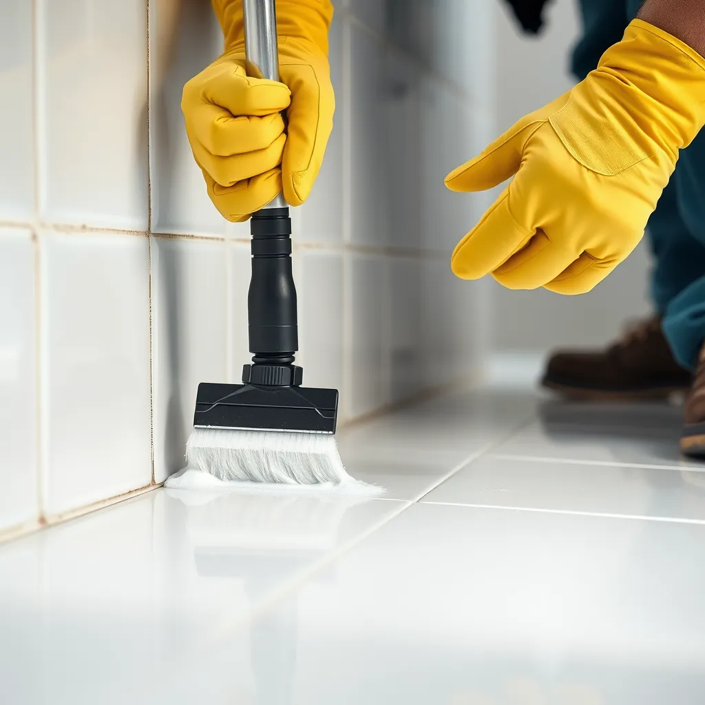 A close-up shot of a professional cleaner meticulously cleaning a bathroom tile grout with a specialized cleaning tool. The tiles are sparkling white, and the grout is pristine, reflecting the light. The image emphasizes the detail and expertise involved in professional cleaning.