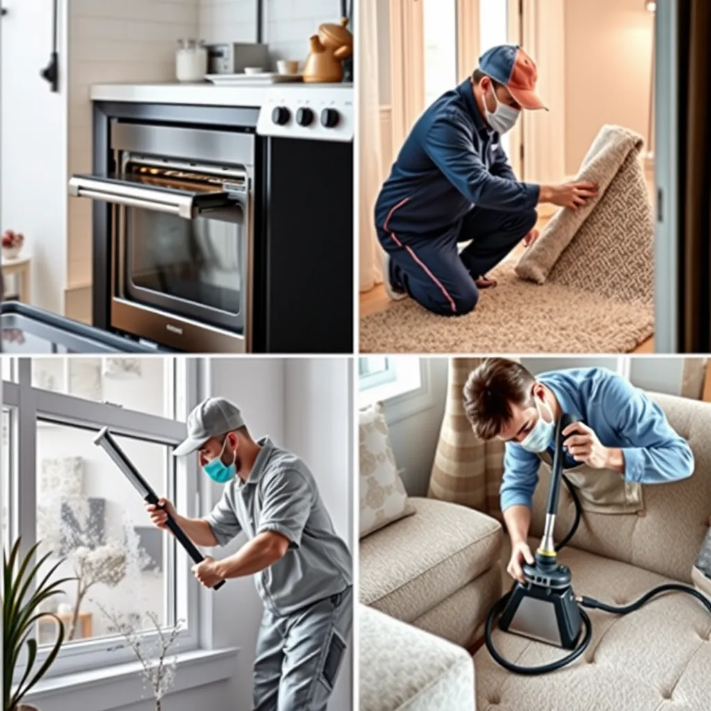 A collage of different cleaning scenarios: a professional cleaning an oven, a technician meticulously cleaning a carpet, a worker cleaning windows with a squeegee, and another meticulously cleaning upholstery with specialized tools. The images should be visually appealing and emphasize the professional quality and expertise of our services.