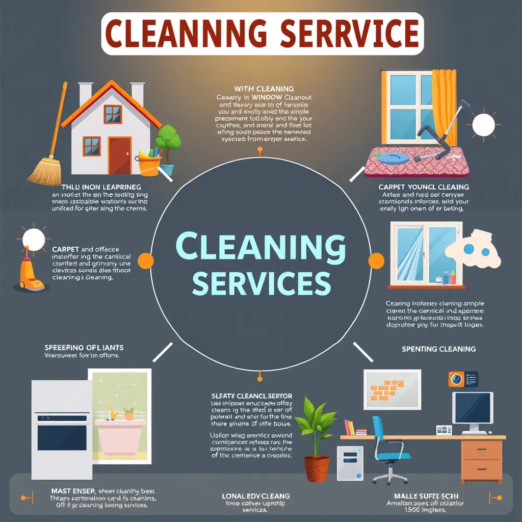 A colorful infographic depicting various cleaning services offered, including a house with a broom and bucket, a carpet with a vacuum cleaner, a window being cleaned, a sparkling oven, and an office with a desk and computer, all arranged in a visually appealing and informative way.