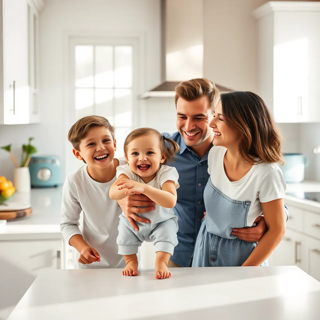 A family of three, including a young child, smiling and playing in a bright and clean kitchen. The kitchen counters are spotless, and the air is filled with sunshine. The image conveys a sense of family joy and well-being in a sanitized and healthy home.