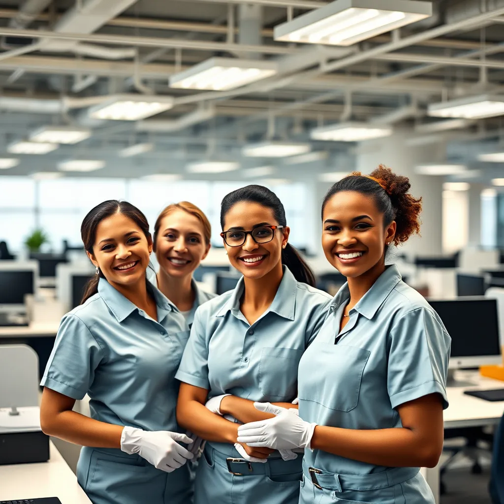 A group of three cleaning professionals in uniform smiling and working together in a large office space. The office has desks, computers, and other office furniture, showcasing a clean and organized work environment. The image should convey a sense of teamwork, professionalism, and efficiency.