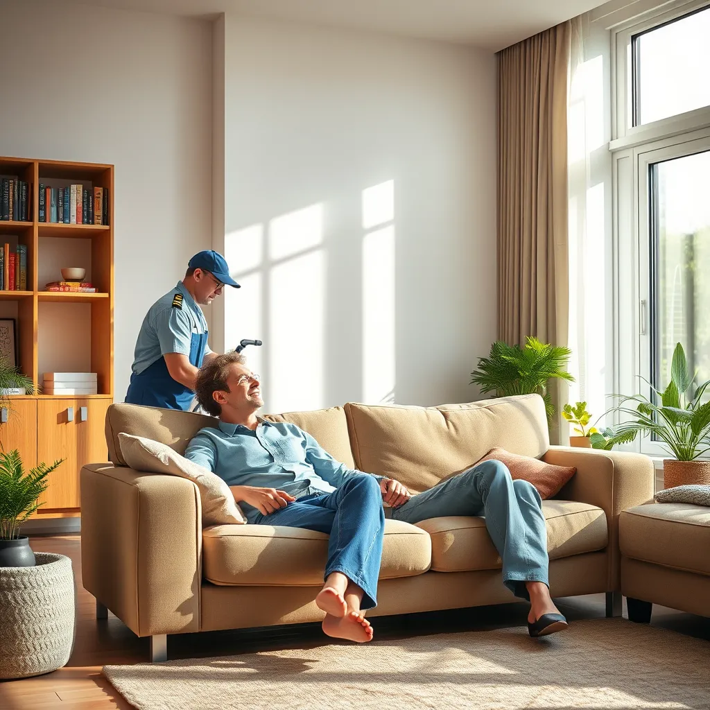 A happy couple relaxing on a couch in a spotless living room, while a professional cleaner in uniform dusts a bookshelf in the background. Sunlight streams through a large window, casting a warm glow on the room. The image conveys a sense of tranquility and satisfaction.