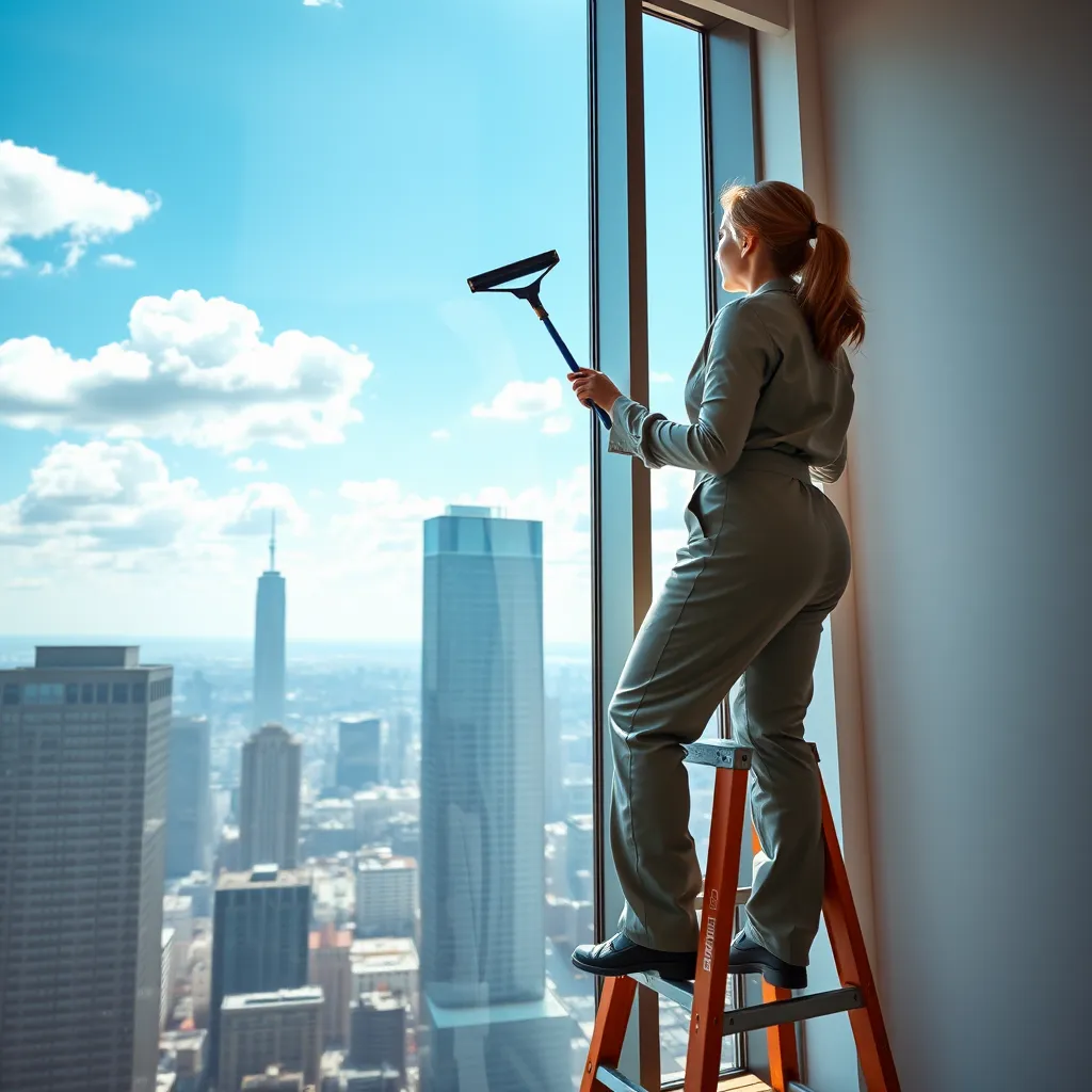A high-resolution image of a woman in a professional cleaning uniform standing on a ladder, meticulously cleaning a tall window with a squeegee. The window is situated in a modern, loft-style apartment overlooking a bustling city skyline. The sky is a vibrant blue with puffy white clouds, reflecting brightly in the clean windowpane. The image should capture the contrast between the clear window and the hazy city view, highlighting the clarity and sparkle of the freshly cleaned window. The lighting is a mix of bright sunlight streaming through the window and soft ambient light, creating a dynamic and inviting atmosphere. Camera angle: A low-angle shot from the ground, looking up towards the woman on the ladder, emphasizing the height of the window and the feeling of spaciousness. Style references: Inspired by contemporary urban photography, capturing the beauty of cityscapes and the contrast of clean lines and natural elements.