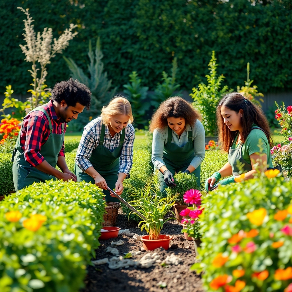 A photorealistic 4K image depicting a team of diverse gardeners working collaboratively in a beautiful garden. They could be planting flowers, trimming hedges, or tending to a vegetable patch. The lighting should be bright and cheerful, showcasing the team's positive energy and expertise. The color palette should be natural and warm, emphasizing the beauty of the garden and the team's harmonious interaction. The camera angle should be slightly elevated, providing a wide shot of the team working together.  Show details of their uniforms, specialized tools, and the plants they're carefully handling. The environment should feel vibrant, professional, and welcoming, reflecting the company's commitment to delivering top-notch service. The style should be reminiscent of a modern advertising campaign for a professional landscaping company.