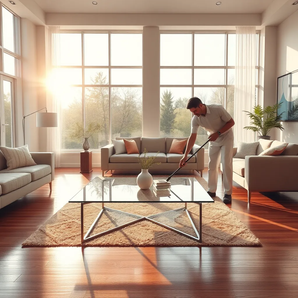 A photorealistic, ultra-high-quality image of a spacious living room with large windows bathed in soft, natural light. The room is immaculately clean, with gleaming hardwood floors, plush furniture, and sparkling glass surfaces. A cleaning professional in a crisp white uniform is meticulously wiping down a coffee table with a microfiber cloth. The scene should convey a sense of serenity and cleanliness, with a warm color palette and a comfortable, inviting atmosphere. The image should be rendered in 8K resolution with hyperrealistic detail, emphasizing the shine of the surfaces and the softness of the textures.  Camera angle: Slightly elevated, capturing the room from a slightly angled perspective to create a dynamic composition. Style references: Inspired by the work of renowned photographers specializing in architectural and interior design photography, showcasing the beauty of everyday spaces.
