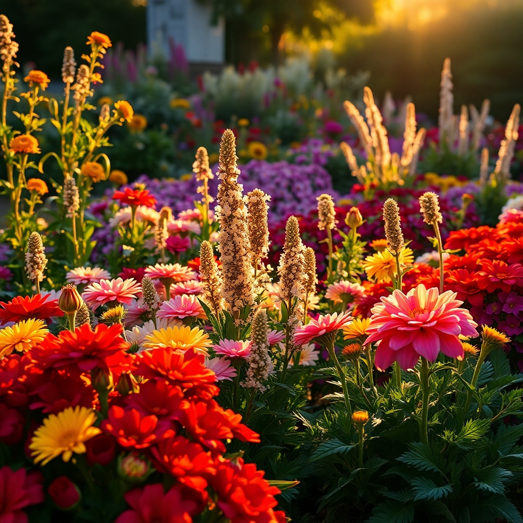  A photorealistic image of a beautifully designed flower garden, rich in color and texture, with the sun illuminating the plants from a golden angle, emphasizing beauty and expertise.