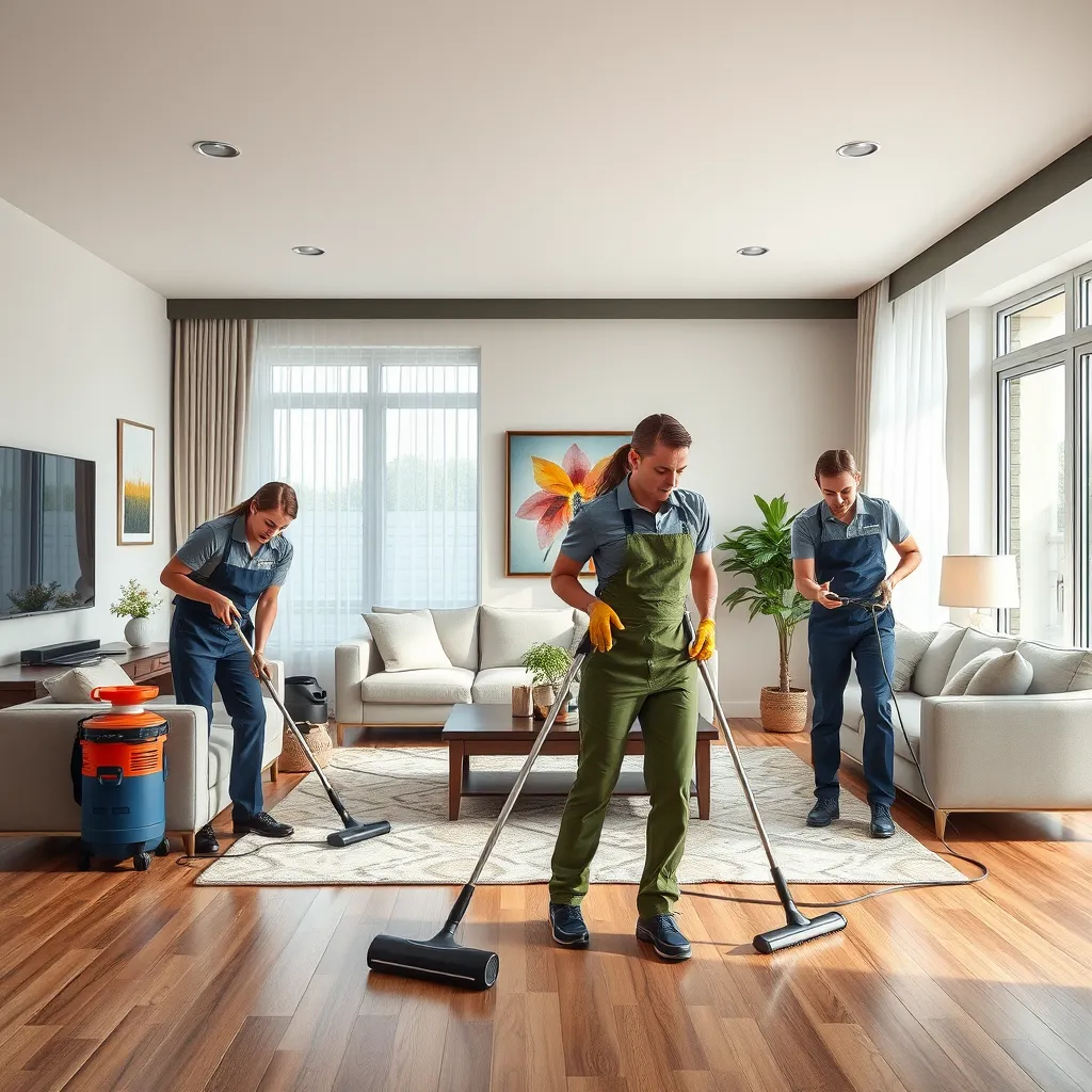 A photorealistic image of a group of professional cleaners working efficiently in a spacious living room. The cleaners are wearing uniforms and using high-quality cleaning equipment. The image should convey a sense of professionalism, attention to detail, and personalized service.