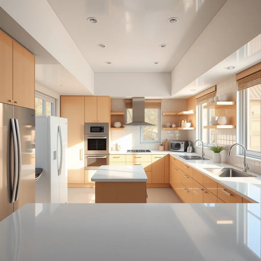 A photorealistic image of a modern kitchen with gleaming countertops, sparkling clean appliances, and sunlight streaming through spotless windows. The room is organized and clutter-free, showcasing a clean and welcoming space.