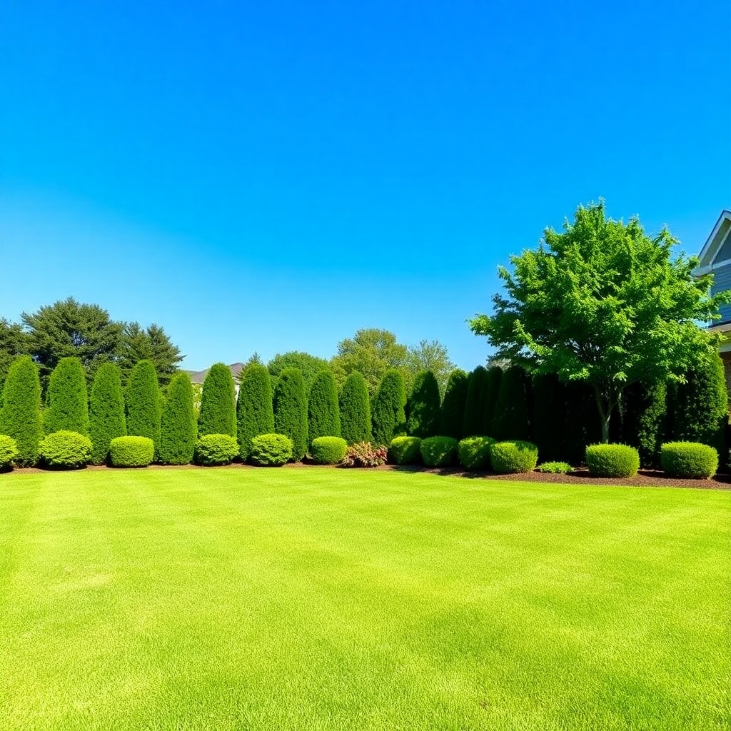 A photorealistic image of a perfectly manicured lawn under a clear blue sky, showcasing the quality of the lawn care services.