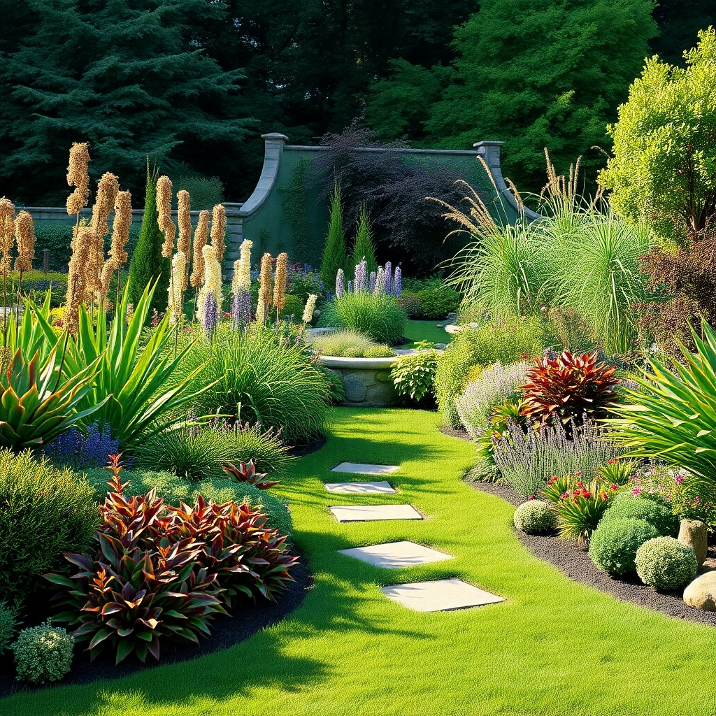A photorealistic image of a stunningly designed garden with diverse plants and beautiful landscaping, highlighting garden design expertise.