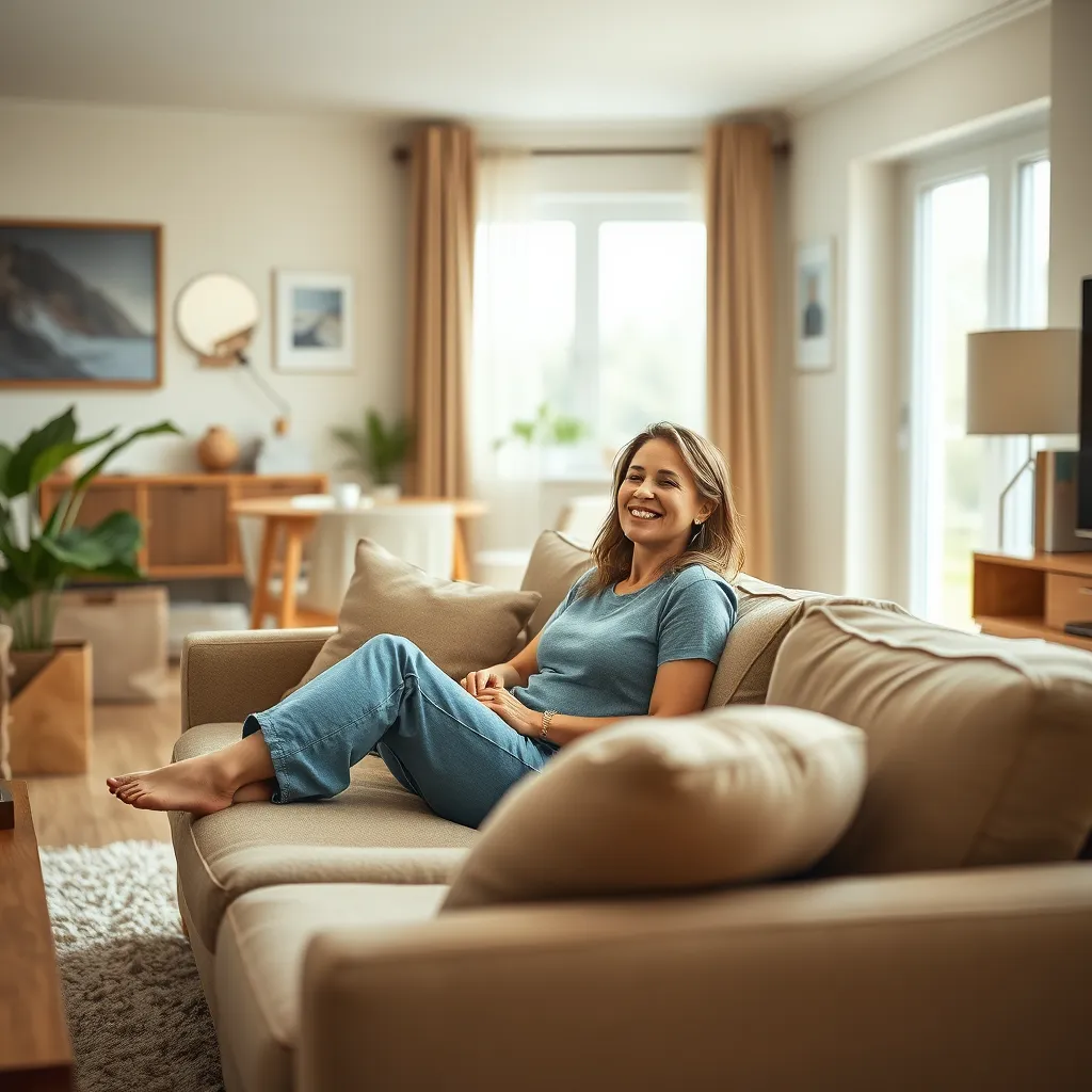 A photorealistic image of a woman relaxing on a couch in a well-lit living room, surrounded by a comfortable atmosphere. The room is clean and tidy, with a sense of calm and relaxation. The woman is smiling and enjoying her free time.