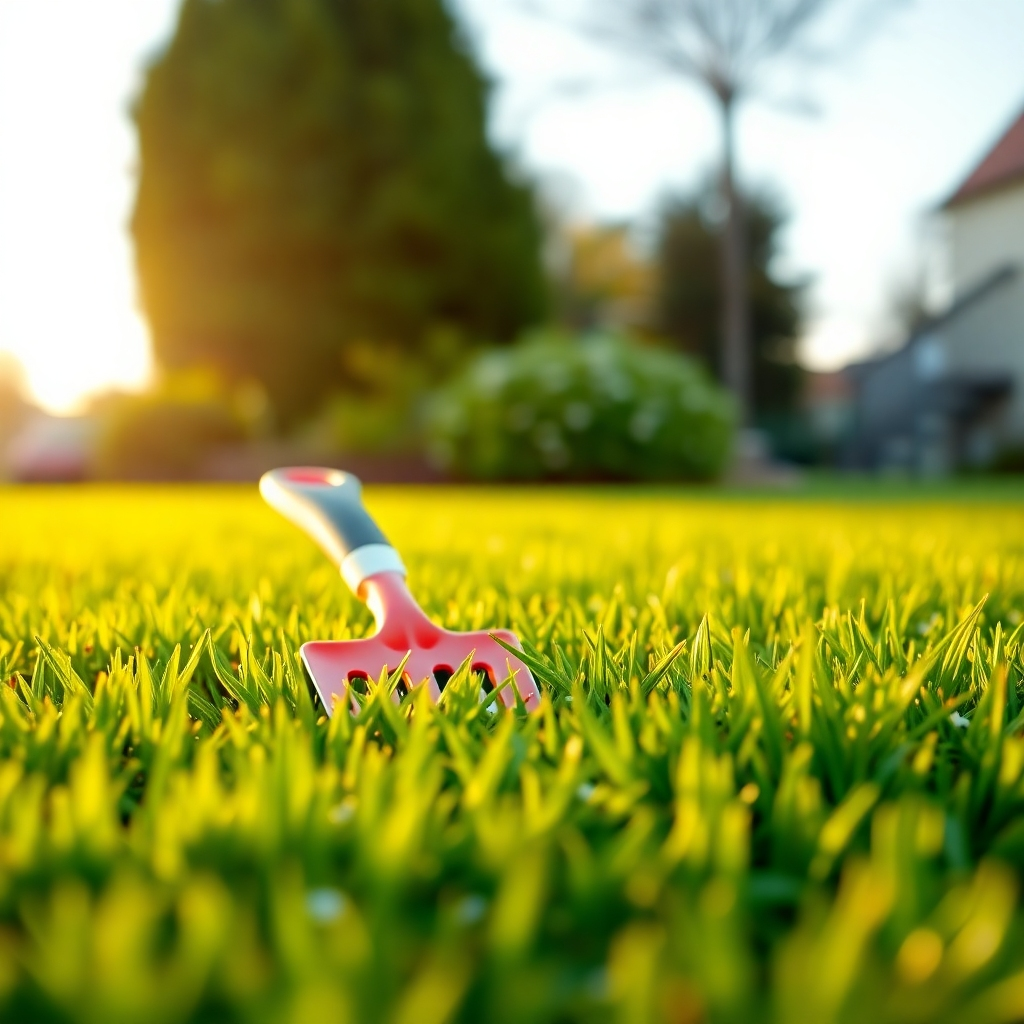  A photorealistic image showcasing a perfectly manicured lawn, vibrant green, with subtly placed garden tools. The lighting should be soft and warm, highlighting the texture and color of the grass. The camera angle should be low to emphasize the lushness. The style should be crisp, clean, and professional, evoking a sense of excellence.
