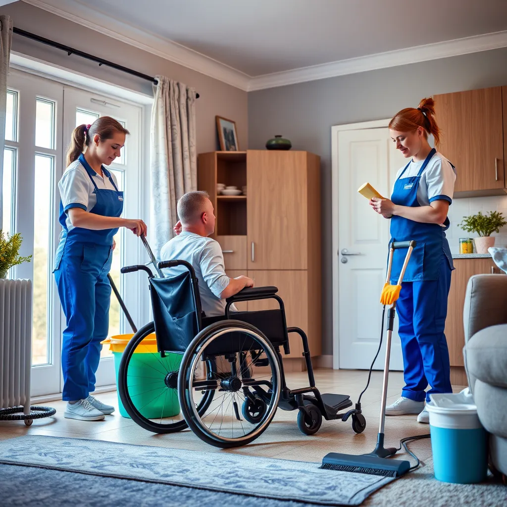 A photorealistic image showcasing a team of cleaning professionals working in a home, focusing on details like a person in a wheelchair receiving assistance with cleaning, an NDIS cleaning team using specialized equipment, and a friendly and approachable atmosphere.