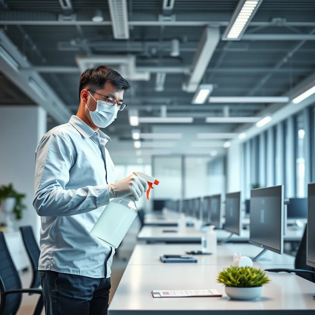 A professional cleaner spraying disinfectant on a desk in a modern office setting. The room is well-lit and spacious, with a clean and minimalist aesthetic. The cleaner is wearing a mask and gloves, emphasizing safety and hygiene. The image conveys a sense of cleanliness and tranquility.