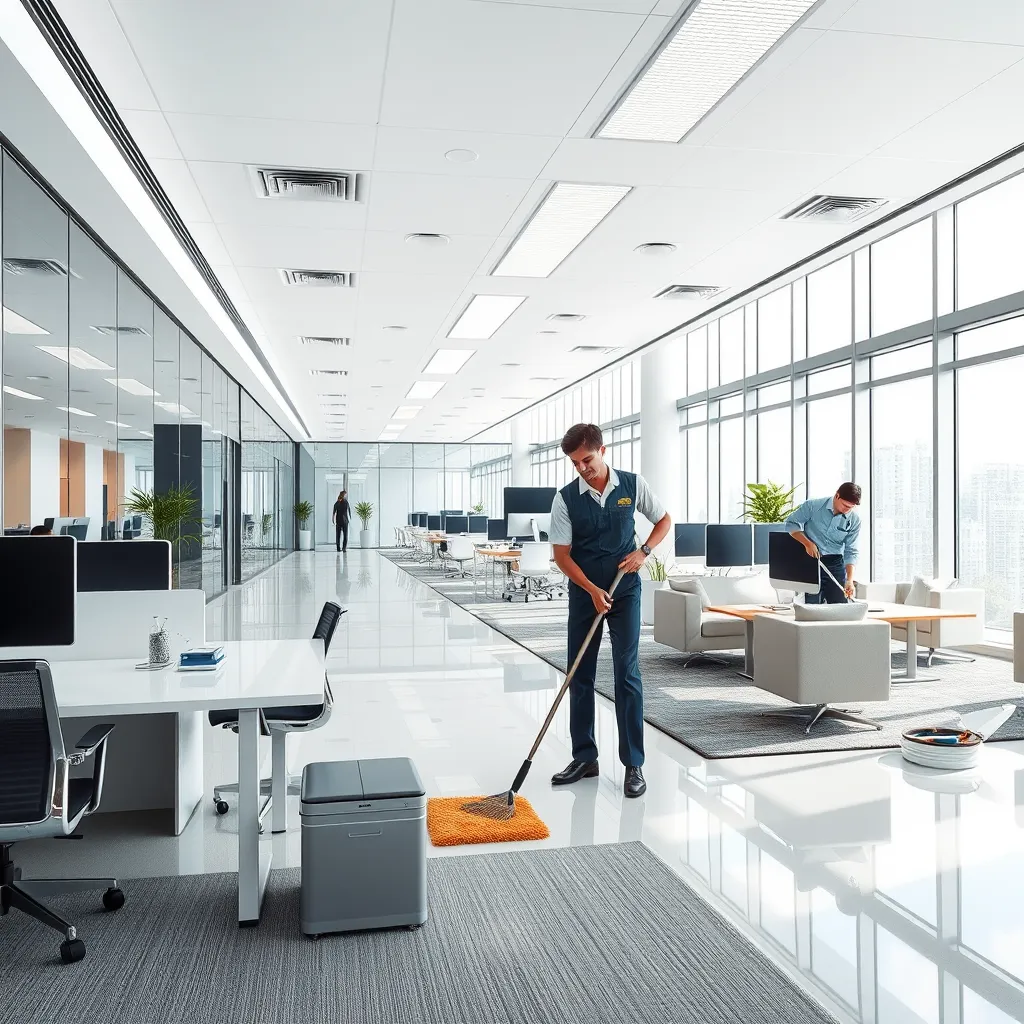 A professional image of a modern office space, showcasing a spacious open-plan layout with sleek workstations, comfortable seating areas, and a meeting room. The office is meticulously clean, with sparkling glass windows, polished floors, and spotless surfaces.  A cleaning professional in a crisp uniform is carefully dusting a workstation, while another professional is vacuuming the carpet. The image should convey a sense of professionalism and efficiency, with a neutral color palette and a modern, minimalist aesthetic. Lighting: Bright overhead fluorescent lights combined with natural light streaming through large windows. Camera angle: A wide-angle shot, capturing the entire office space and showcasing the flow and functionality of the design. Style references: Inspired by commercial photography showcasing contemporary office spaces, emphasizing clean lines, functionality, and a sense of order.